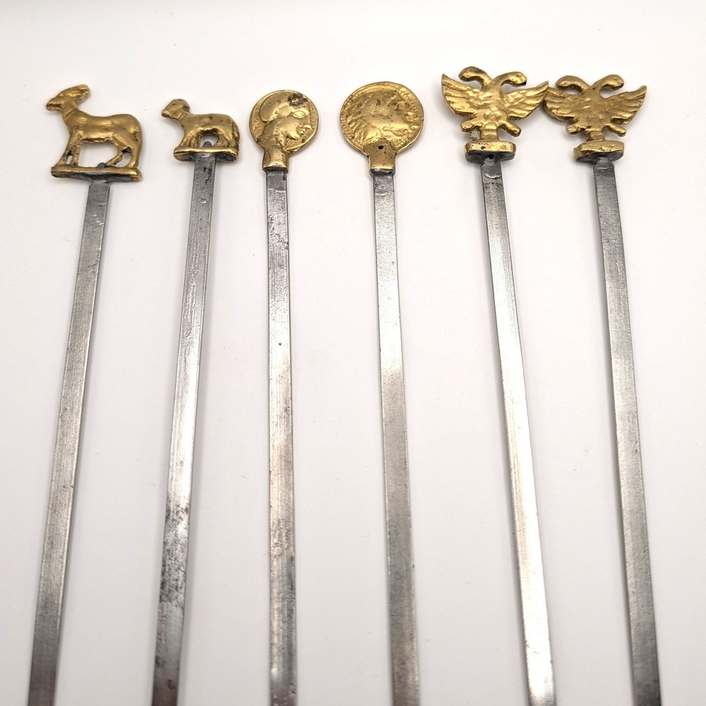 Vintage Turkish Shish Kebab Skewers With Brass Animals and Coins Set of 6 Coin